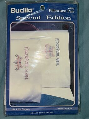 Vintage Bucilla Stamped Pillowcase Pair 64090 His & Her Majesty Crown NIP
